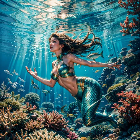 ultra Masterpiece underwater_Farm-Life, ultra best quality, ultra high res, 1girl Mermaid, underwater, Beneath the sea, where tendrils of coral fish and vines abound, a (mermaid) girl stares at you, Her eyes gleam with an eerie light Palace deep path equir...