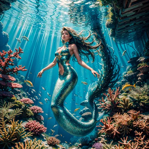 ultra Masterpiece underwater_Farm-Life, ultra best quality, ultra high res, 1girl Mermaid, underwater, Beneath the sea, where tendrils of coral fish and vines abound, a (mermaid) girl stares at you, Her eyes gleam with an eerie light Palace deep path equir...