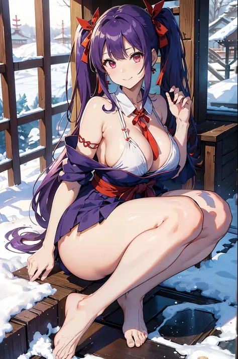 ８K、best quality、Winter shrine、solo、beautiful girl、delicate face、smile、Long pigtails、purple hair、red eyes、huge boobs:1.8、big ass:5.5、thin waist、Beautiful constriction、shiny skin、beautiful feet、cleavage、tie your hair with a red ribbon、shrine maiden、Holding a...