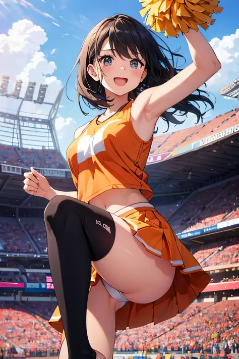 very cute and beautiful cheerleader girl,(Highly detailed beautiful face and eyes:1.2),(holding a pom pom:1.2),(laugh together),
(Stadium Stand),cowboy shot,dynamic pose,zettai ryouiki,(orange sleeveless shirt),beautiful feet,skirt lift,white panties,dynam...