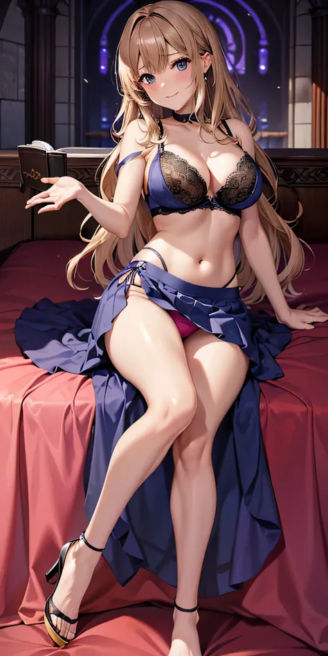 muste piece, best quality, Highly detailed CG Unity 8K wallpaper, sexy witch , long dark blonde wavy hair、off shoulder knit, dark blue pleated skirt, medium breasts, hanging chest,  red face, shy smile, bare shoulders, (pink panties、((open your legs wide、o...