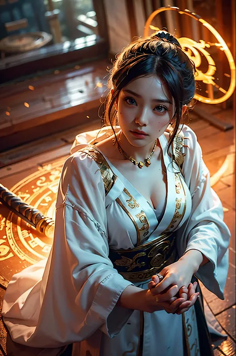 Best quality,masterpiece,ultra high res,(photorealistic:1.4),xiuxian,weapon,Detailed face,
1girl,solo,weapon,cleavage,(magic circle:1.2),xiuxian,upper body,Beautiful girl,full body,east asian architecture,sheath,architecture,