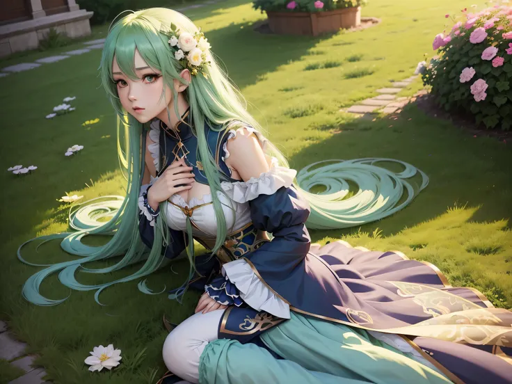 Anime girl with long green hair and blue dress sitting on the flower bed，anime art wallpaper 8k，anime art wallpaper 4k，anime art wallpaper 4k，anime goddeseautiful fantasy anime，anime fantasy artwork，8k high quality detailed art，Popular on artstation pixiv，...