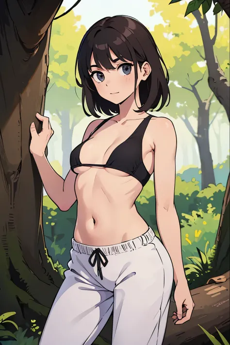 (Young: 1.7), a beautiful girl with a small body and (small tits: 1.7), runs along a path in the forest. She is wearing sweatpants and a sports bra