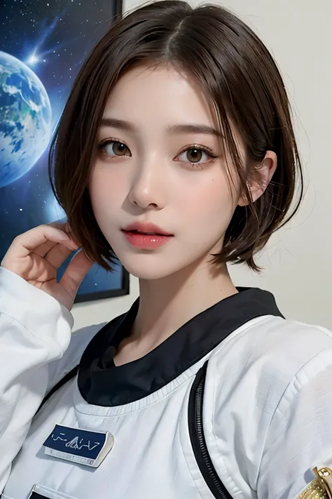 highest quality、masterpiece、ultra high resolution、(real:1.4)、Beautiful woman１、Beautiful details of eyes and skin、smile、light brown short cut hair、The perfect spacesuit、spaceship、grey sky、Snow Planet、