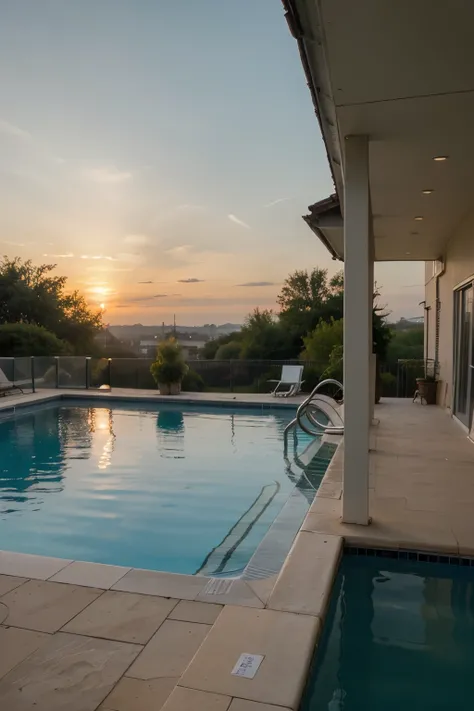 ((best quality)), ((masterpiece)), (detailed), sun setting behind a swimming pool