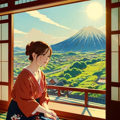 Illustration style, ukiyoe, Showa Anime, woman, snow, (sensitive), the morning sun, There is a mountain in the back