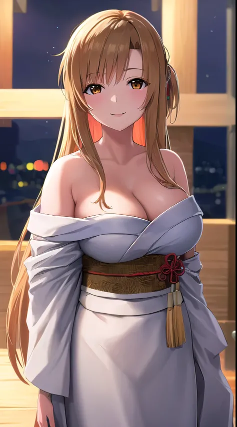 (best quality:1.5, highres, UHD, 4K, detailed lighting, shaders, HDR), asuna yuuki, light brown long hair, large breasts, off shoulder kimono, cleavage, smiling, close shot, night background