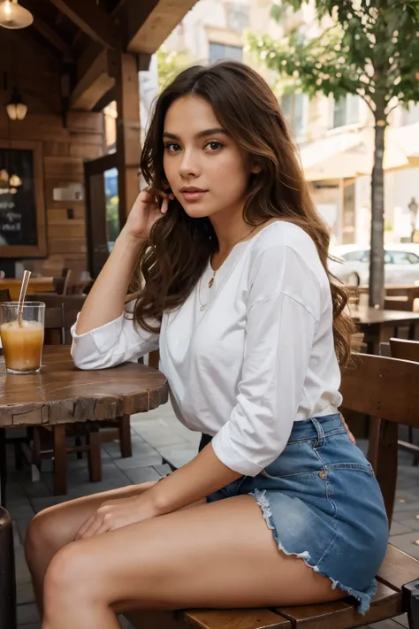 (best quality,ultra-detailed,photorealistic, non-blurry)young woman, beautiful eyes, detailed lips, caramel complexion, soft lighting, vibrant colors, wavy and voluminous hair, pensive expression in the rustic cafe, sitting down, drinking coffee, summer ou...