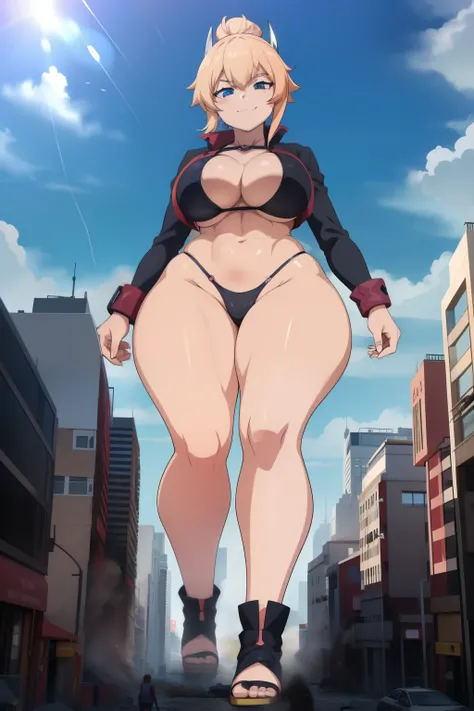 An anime female character walking in a city, 1girl, GTS, giantess, bikini, curvy, busty, smirk, evil, thick thighs, walking, taller than buildings, stepping, rampage, sky, cloud, full body, breasts