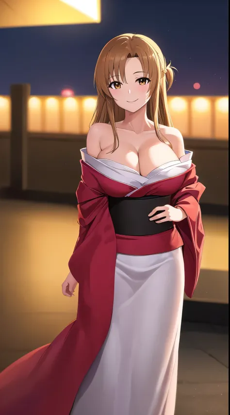 (best quality:1.5, highres, UHD, 4K, detailed lighting, shaders, HDR), asuna yuuki, light brown long hair, large breasts, off shoulder kimono, cleavage, smiling, standing, close shot, night background