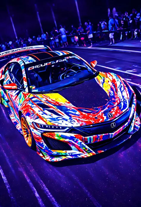 neon, (((A photo realistic image of a Acura NSX))), ((Wide View)), (setting race track), ((wide shot)) , sharp, detailed car body , detailed tires, (masterpiece, best quality, ultra-detailed, 8K), race car, street racing-inspired, Drifting inspired, LED, (...