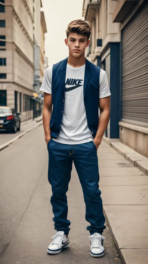 16 years old teenage boy, tall muscle fitness body, He is strong and very handsome, making him an extremely attractive teenage boy, vest skater street style and nike dunk high sneaker, posing for a photo, very hot in summer, ultra realism, ultra realistic,...