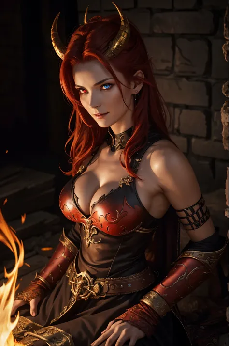 8K,beautiful mature female demon, three horns, cruel smile, red skin, Sexy fire-shaped chest armor, wreath wrapped in fire, (fiery eyes:1.2), tempt me, take your soul, Underworld earth background,  (masterpiece), (realistic:1.4), RAW, highest quality, ultr...