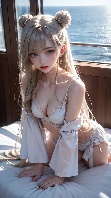 （In 8K、Live shooting、highest quality、High resolution、masterpiece：1.2)、 small body，petite，whate hair，gray hair，white bed，transparent silk pajamas，luxury cruise ship cabin，Suite Room，sunny alconies，upper body，bun hair，With an upper eye，clavicle，detailed eyes