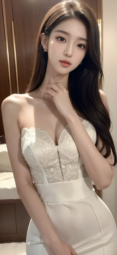 (best quality, 8K, masterpiece, ultra high definition: 1.3), (kpop idol: 1.3), 1 , (: 1.2), (long hair),  Perfect body, Super thin face, Beautifully, beautiful eyes, double eyelids, Hands are super thin, Super thin fingers, ((Korean wedding dress))，开衫elega...