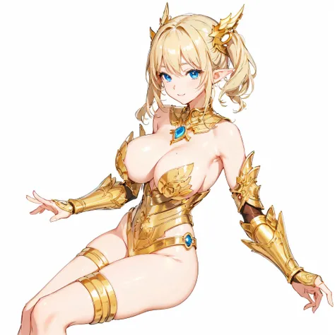 masterpiece、highest quality、very detailed、High resolution、１６ｋ、full nude、I can see your nipples、Teetoob proportions、goblinの女の子、golden armor、very thin skirt、black panties、very white skin、beautiful fingers、Anime girl with very big breasts posing naked、perfect...