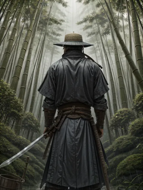 swordsman,rainy sky,bucket-hat,Samurai sword,back view,bamboo forest