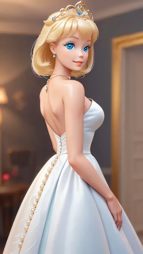 blond (barbie) princess walking on a (runway), delicate detailed face, animated, detailed white skin texture, long golden hair, ...