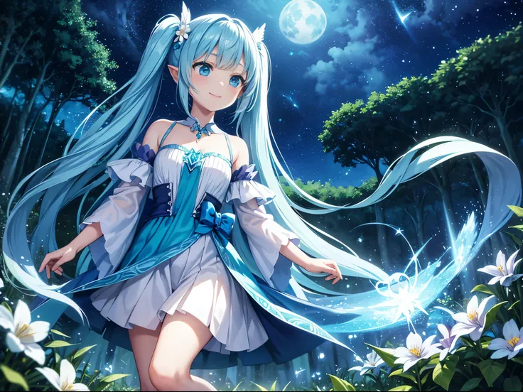 dynamic angle、 within a magical forest, a mystical fairy girl emerges, Girl Flying in the Sky、light blue long hair、Hairstyle twin tails、adorable smile, the glow of the moonlight,  flower bloom、A pure white owl flies in the sky、Sparkling fireflies are flyin...