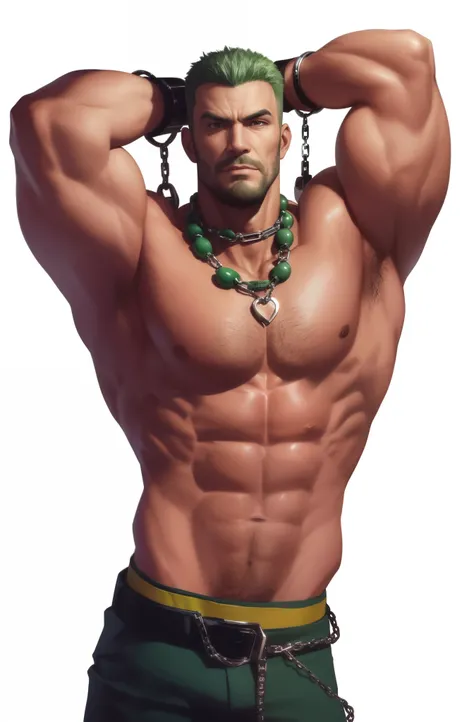 Close-up of a man wearing a shirt and a chain around his neck., muscular! green, steak pose, muscular character, Technoviking men&#39;s shirtless, super class and cool, muscular! Cyberpunk, muscular!!, character from king of fighters, gigachad muscular, Jo...