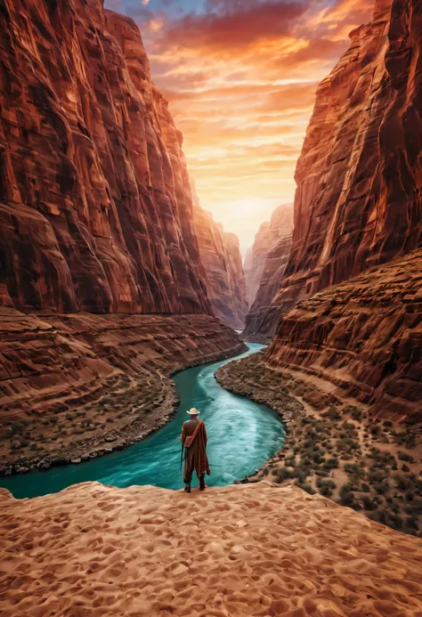 desert canyon, portrait of ancient traveler, huge and majestic river, charming super high quality, extremely beautiful, surreal,...