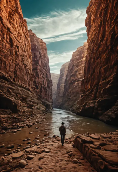 desert canyon, portrait of ancient traveler, huge and majestic river, charming super high quality, extremely beautiful, surreal,...