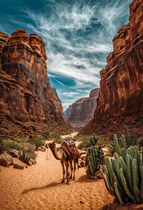 desert canyon, ancient traveller with camel, cactus, huge and majestic desert canyonthe vast and rugged desert canyon stretches ...