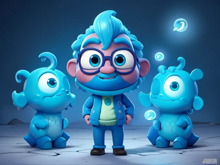 um personagem de desenho animado de um blue genius com bigode e uma lâmpada mágica, adesivo de telegrama design, adesivo de telegrama, blue genius, personagem toonix, Raziel irl, cute funny ghost, 🐋 as 🐘 as 🤖 as 👽 as 🐳, cute design de personagens de monstr...