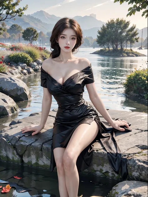 short sleeves,off shoulder, dress, 1girl, fashi-girl,red lips,mature female,makeup, (Best quality, 8k, Masterpiece :1.3), (realistic, photorealistic:    1.37), (1girl), (Pretty woman in her 20s), (slim), (Japanese), (random pose),  ((dark brown hair)), exq...