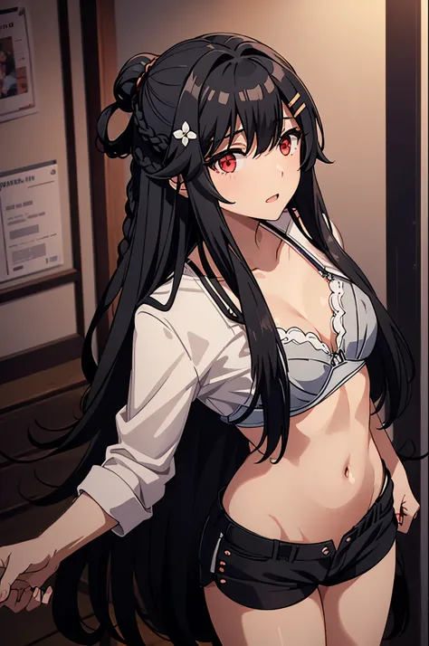 1girl,hair ornament,black hair,long hair,hair flower,hairclip,red eyes,braid,bangs,hair between eyes, ,cleanched teeth,(((bra,sh...