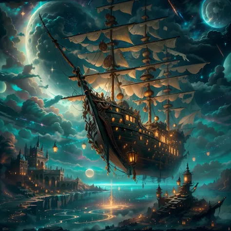 painting of flying pirate ship surrounded by little fairies, meteor shower, clouds, full moon, stars in background, fantasy, hig...