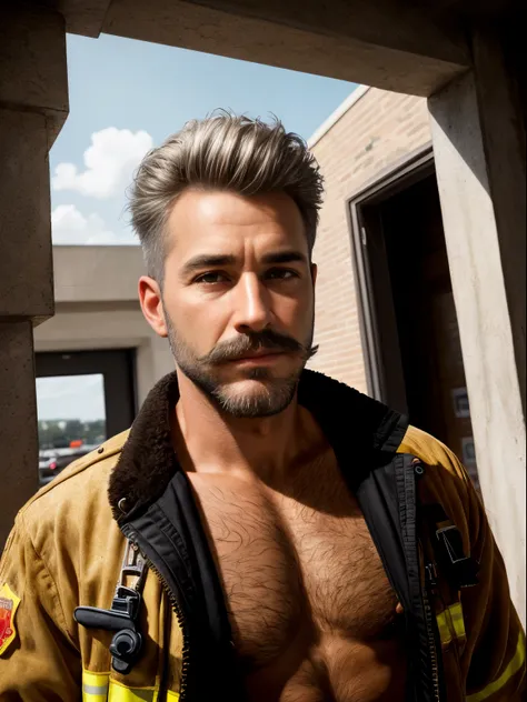 masterpiece, best quality, high resolution, closeup portrait, male focus, solo focus, A man, 50 years old, with firefighter uniform, firefighter suit, firefighter, bleached blonde silver hair, messy short hairstyle, cute and seductive face, bare chest, bod...