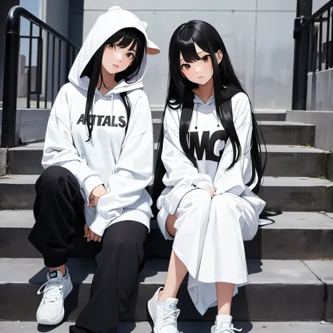 Two beautiful and cute girls, long black hair, white and black hoodie, trousers, sneakers, decent, sit, stairs