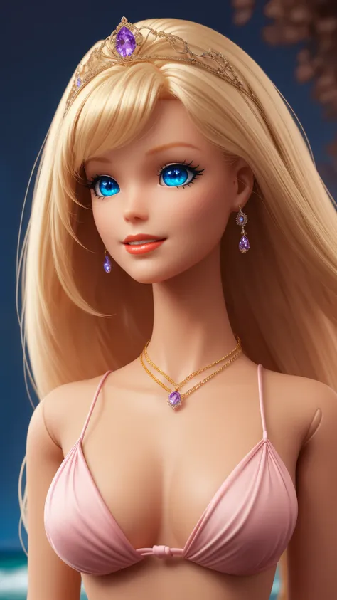 tall blond (Barbie) princess (doll) portrait, Delicate detailed face, animated, detailed white skin texture, long golden hair, adorable, Clean, wide smile, glowing blue eyes, blue colored pupil, (silky pink bikini), luxurious tiara, gloss, fresh flowers, (...