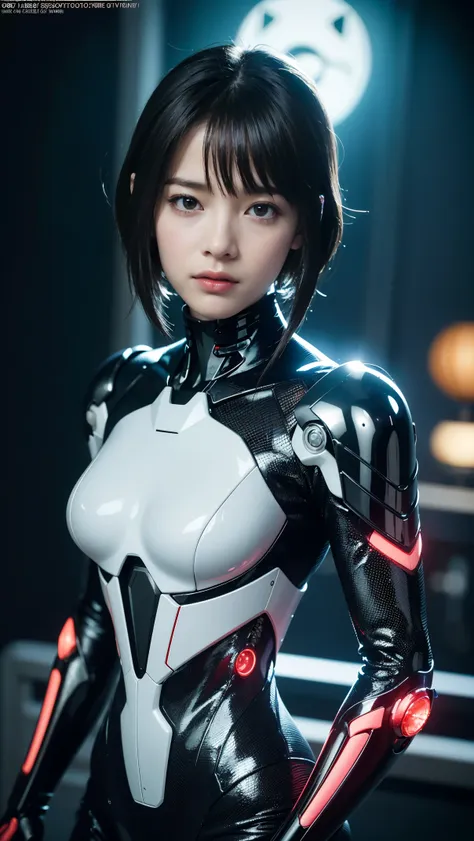 of the highest quality, masutepiece, 超高分辨率, ((photorealistic: 1.4), raw photo, 1 cyberpunk android girl, glossy glossy skin, (su...