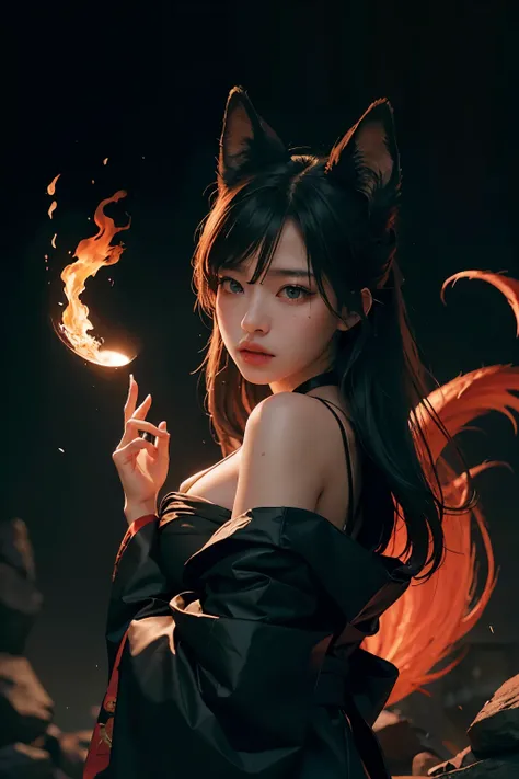 true-to-life visuals, artistically refined, captivating beauty, breathtaking aesthetics, dramatic contrasts, atmospheric depth, official art, high saturation, Intense Coloration, 1girl, solo, dark background, shikigami summoner, fox mask, exorcist, yin-yan...