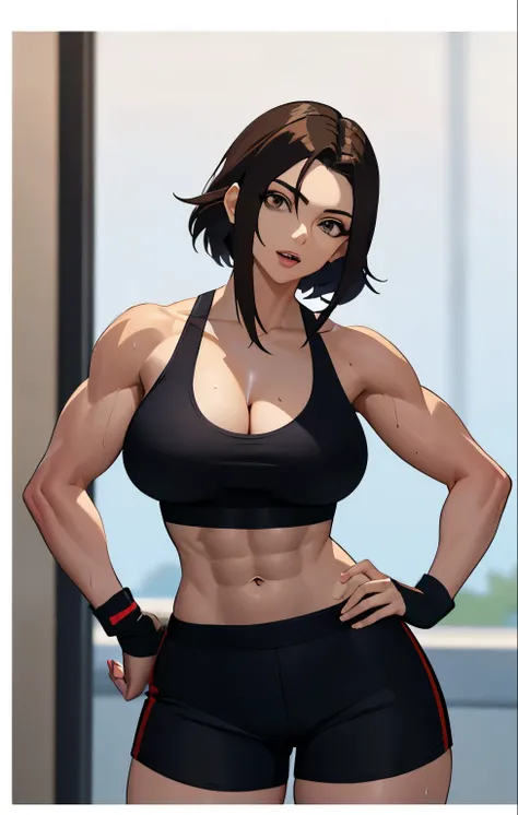 stupid, Gym, fit girl, muscular!!, muscular!, muscular女性, workout, Seductive Anime Women, big breasts, had very large breasts, muscular sweat lara croft, Woman with short red hair, Brown-eyed woman, Portrait of a seductive woman, clothing:Black Sports Bra,...