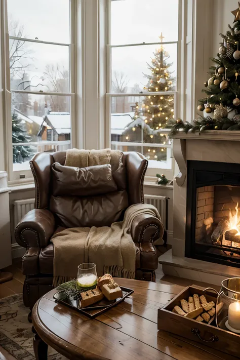 a cosy living room during Christmas, featuring a warmly lit Christmas tree, a tartan wingback chair with a side table holding a scotch tumbler and snacks, and a glowing fireplace. The view extends out through a large bay window, showcasing the winter lands...