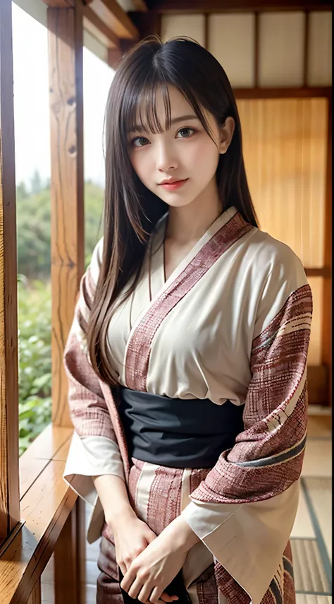 1 beautiful young girl, Super beautiful detailed face, smile shyly, (Slender body:1.2), (kimono:1.3), dark brown hair, long hair, (Fine face:1.2), conceptual art, High quality, Realistic, extremely detailed CG unified 8k wallpaper, highly detailed, High-de...