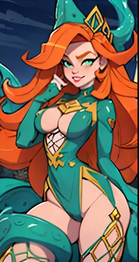 1girl, Best quality, masterpiece,  orange hair, green eyes, tight cloth, sentada em um tentaculo
