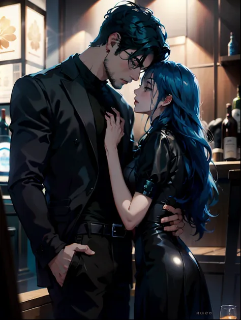 hay un hombre y una mujer (de cabello azul) uno al lado del otro en un bar, retrato, jinyoung shin, artista coreano, retrato de ...