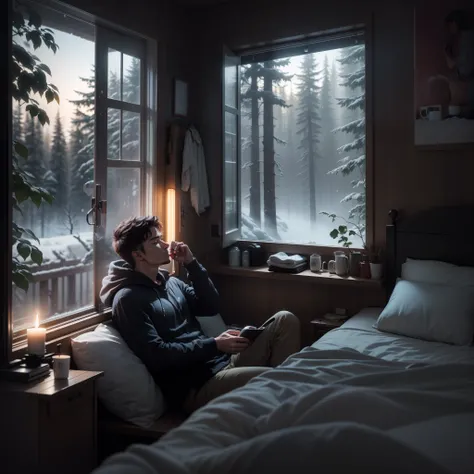 Man rests in an extremely comfortable bed after taking a scalding bath in a gas shower, in his cabin in the forest, in the window you can see a landscape of a beautiful forest where it is snowing, he warms up to his waist and takes a mug of hot drink, with...