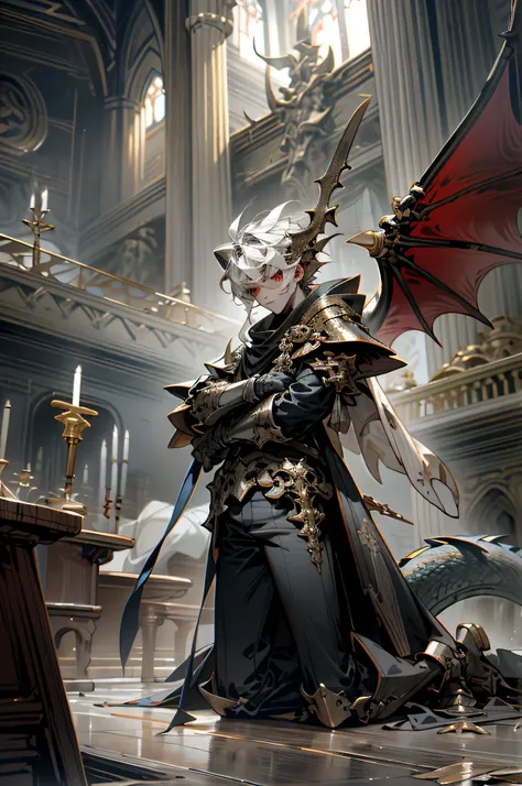 (masterpiece), best quality, Super detailed CG unified 8k wallpaper, high resolution, Demon God, demon，dragon，机器人dragon尾，dragon Wings，锋利的dragon爪，gray skin，white belly，Full body black armor, head，body，strong body,night，The church is in ruins，machine side，，H...