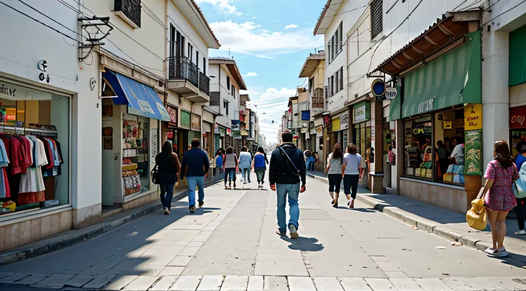 panoramic of a city from the street, tiendas, gente caminando por la aceras, gente viendo las tiendas, gente platicando