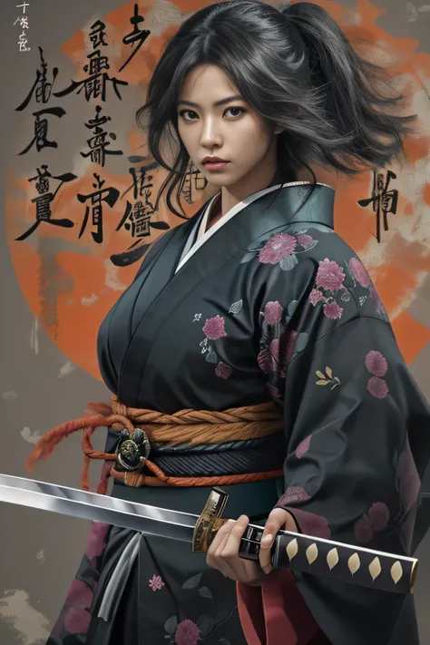 Beautiful female samurai in a black kimono, Capture strength and grace, Backgrounds that highlight characters, Japanese sword, Courage and beauty