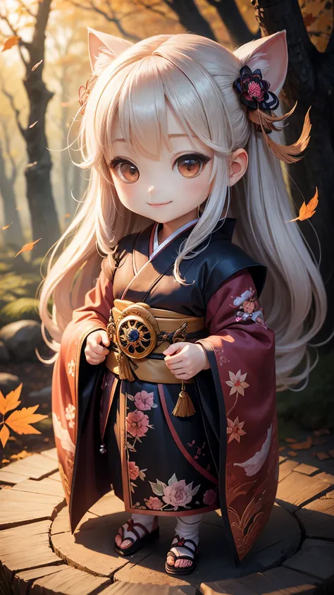 masterpiece、highest quality、super detailed、(Chibi character girl:1.2)、official art、Kimono with luxurious embroidery、wraith、Fairytale autumn forest、Lightning flash shell body standing figure、smile