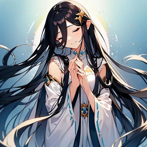 beautiful long black hair hairstyles、disorganized、Neat and clean priestess costume、Eyes closed、Very beautiful and delicately shining eyes、A beautiful smile with attention to detail、profile、;D、beautiful and delicate flowing hair、prayer pose、Beautiful delica...