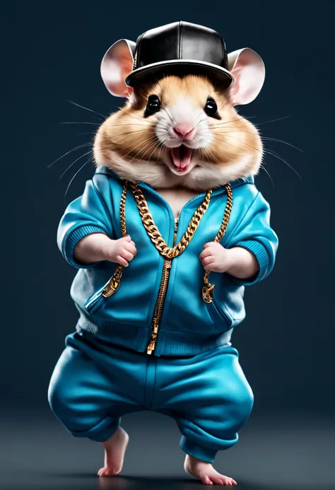 photorealistic portrait of Dressed animals - a fat baby hamster hip hop dancer,(hip hop dancing dynamic action pose), high quality,(lovely) ,intricate details, highly detailed ((hip hop fashion)) ,highly detailed decorations, wearing sunglasses, (happy), s...