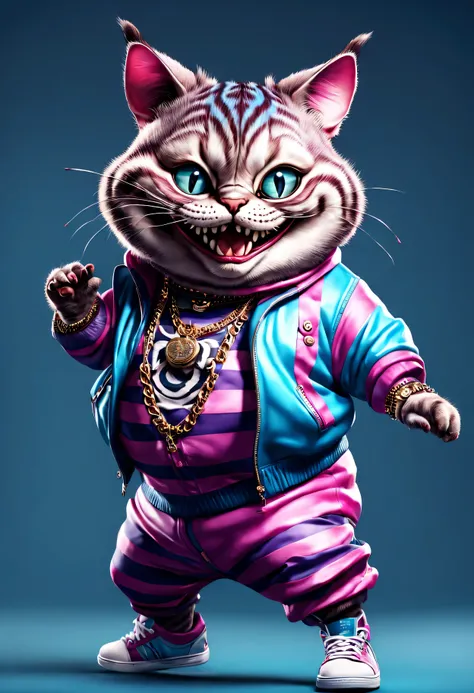 photorealistic portrait of Dressed animals - a fat baby Cheshire cat hip hop dancer,(hip hop dancing dynamic action pose), high quality,(lovely) ,intricate details, highly detailed ((hip hop fashion)) ,highly detailed decorations, wearing sunglasses, (happ...